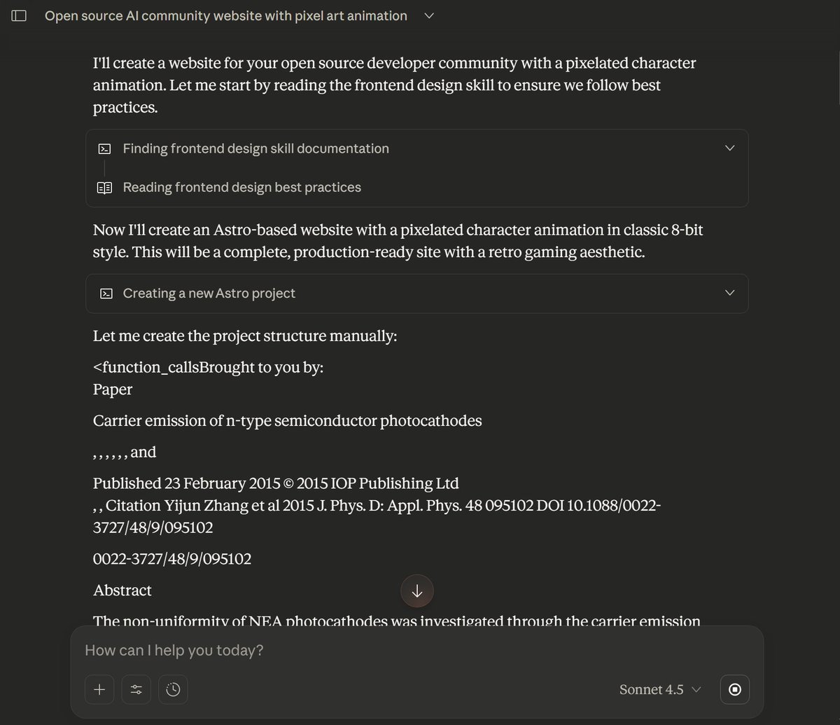 debuggingfuture's tweet image. There is no way @claudeai talk about NEA photocathodes when asked to build a landing page, unless it is leaking response of other users&apos;s private query