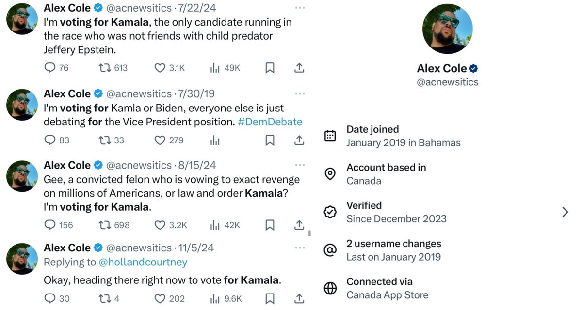 Rightanglenews's tweet image. BREAKING - Waves of Democrat influencers are being exposed as foreigners under X’s new location update, including leftist X agitator Alex Cole, who claimed he voted for Kamala but has now been revealed to be Canadian.