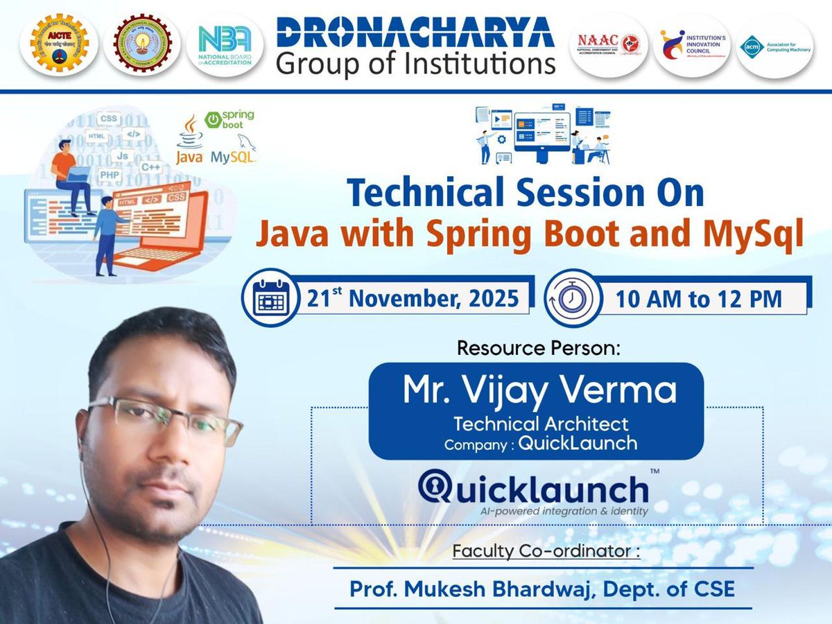 DronacharyaDgi's tweet image. 🚀 Java Ignite 2025 @ DGI!
High-energy session on Java, Spring Boot &amp;amp; MySQL with expert Mr. Vijay Verma.
Students gained real-time coding exposure &amp;amp; industry-ready backend skills! 🔥💡
#DronacharyaGroupOfInstitutions #DGI #JavaWorkshop #BackendDevelopment