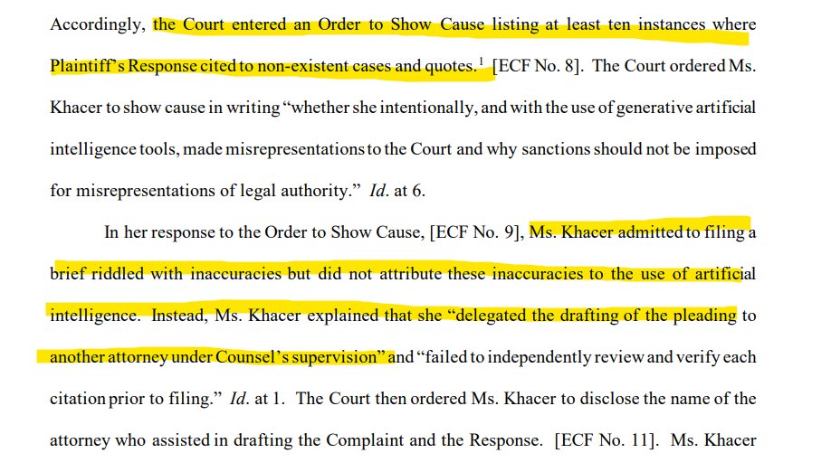 RobertFreundLaw's tweet image. Another pretty bad story about attorney negligence/incompetence involving AI, among other problems.

An immigration attorney was ordered to explain why a brief included 10 citations to non-existent cases and quotes.

She said she delegated drafting to another attorney.

1/