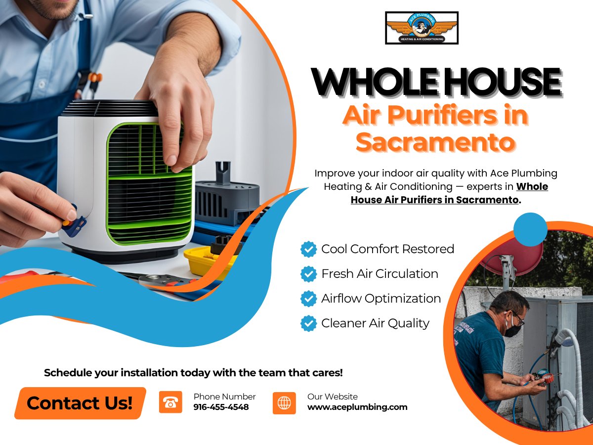 aceplumbingCA's tweet photo. 🌬️ Breathe Cleaner, Fresher Air at Home!

Enhance your indoor comfort with Ace Plumbing Heating &amp; Air Conditioning, trusted experts in Whole House Air Purifiers in Sacramento. 

#AirPurifiers #SacramentoHVAC #IndoorAirQuality #AcePlumbing #CleanAir #HomeComfort #HVACExperts https://t.co/J7Zxditjz9