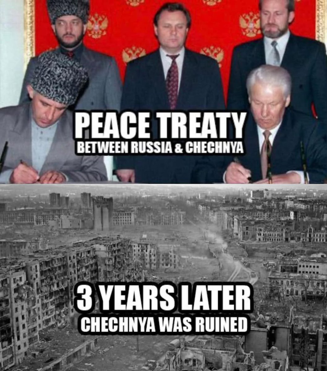 AsetSabb's tweet image. In 1997, #Russia and #Chechnya signed a Peace Treaty that officially ended the First Russo-Chechen War. Both parties pledged to renounce the use of force in their relations. Yet #Russia violated this commitment and invaded #Grozny in 1999, proving once again that it is not a…