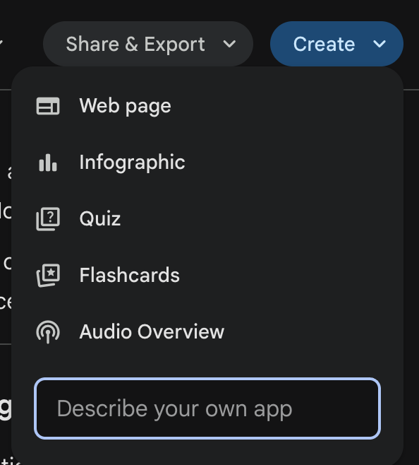 msg's tweet image. testing out new gemini 3 pro deep research and noticed these neat features. 

the describe your own app option is really the future of software huh