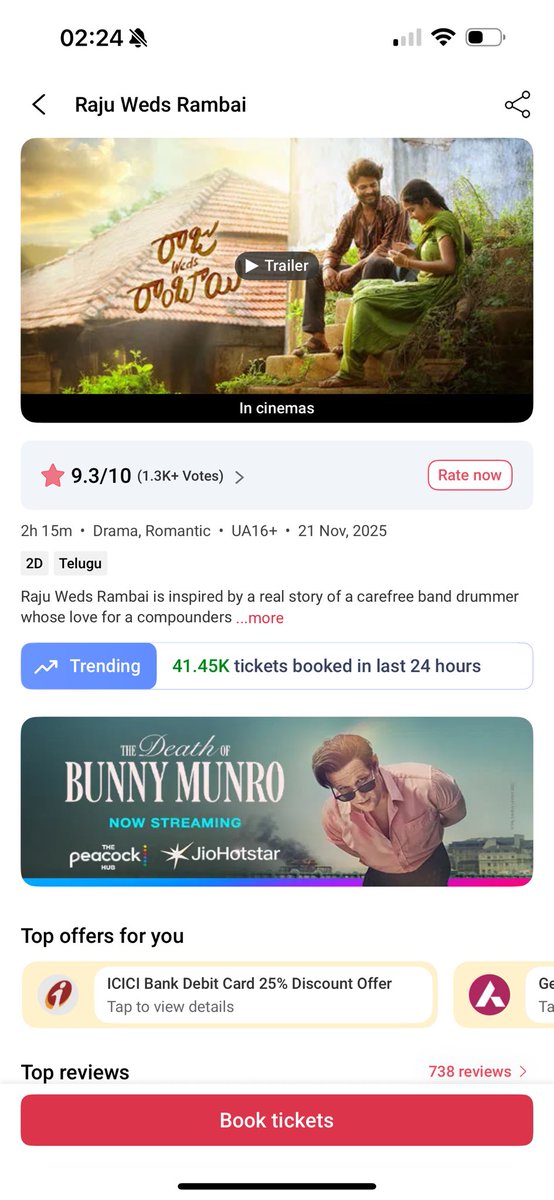 idlebrainjeevi's tweet image. BMS sales for this Friday’s new releases:

•#RajuWedsRambai: 41.45K tickets
•#12ARailwayColony: 5.42K tickets
•#Premante: No tracking

Despite being the smallest-budget film among the lot, Raju Weds Rambai is performing well thanks to audiences showing interest in this rustic…