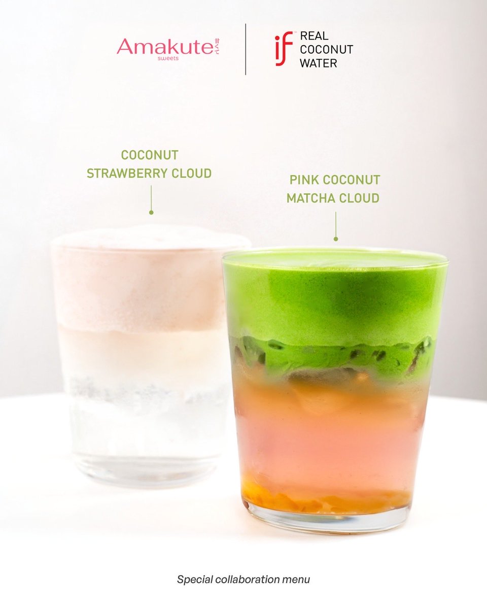 Introducing: IF Coconut Water ✖️ Amakute Surabaya 💗💚
Special collaboration menu hanya di Amakute!

🍓 Coconut Strawberry Cloud
🍵 Pink Coconut Matcha Cloud

Keduanya dibuat dengan IF Real Coconut Water — fresh, natural, dan super smooth.
Available mulai besok… siap cobain?😍☁️