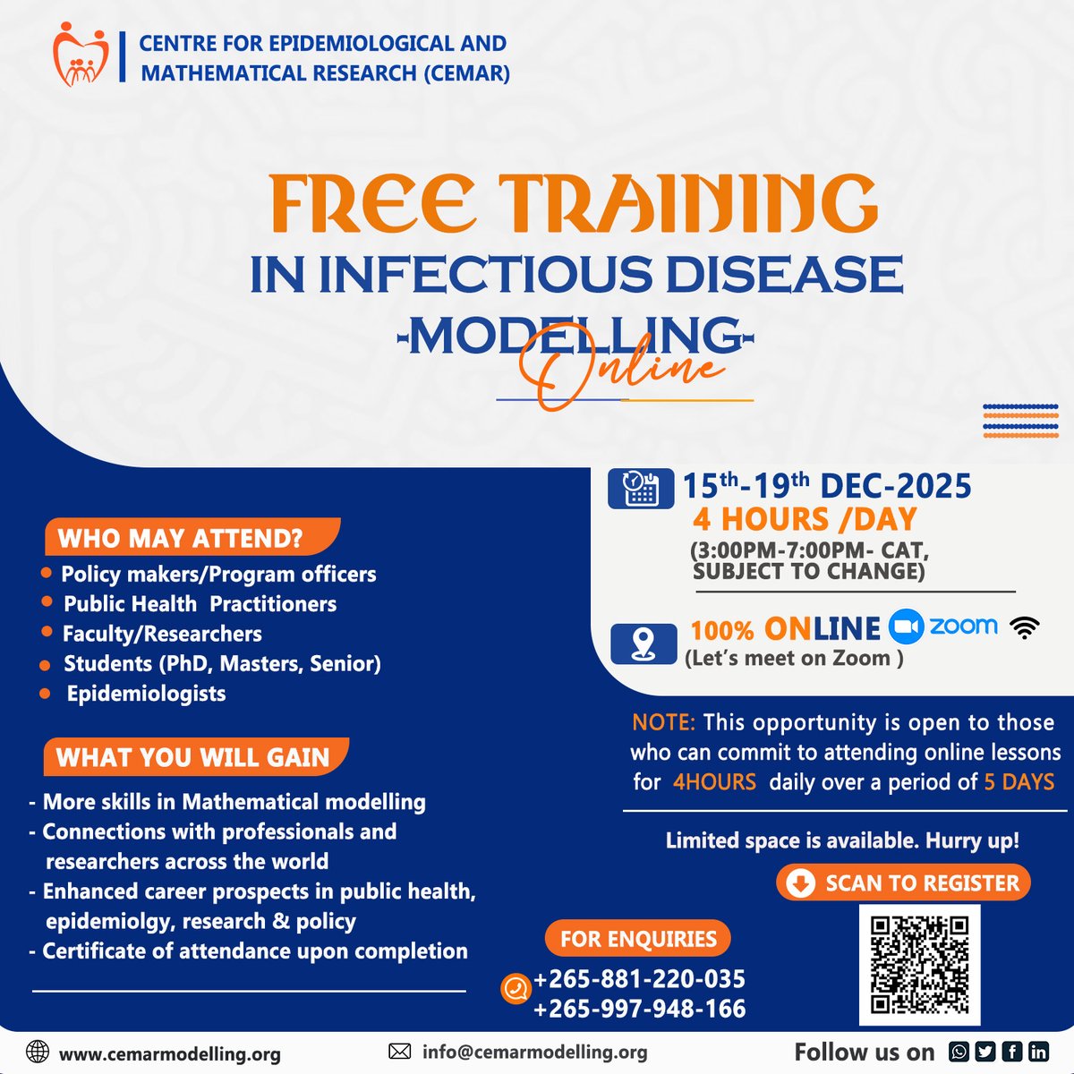 CEMARmodelling's tweet image. Are you a Policy maker, Program Officer, Public Health practitioner, Researcher, Postgraduate student (Masters, PhD or senior), Epidemiologist? If Yes, then this 5 day Infectious Disease Modelling (IDM) Training is for you. Limited space is available, Hurry up!