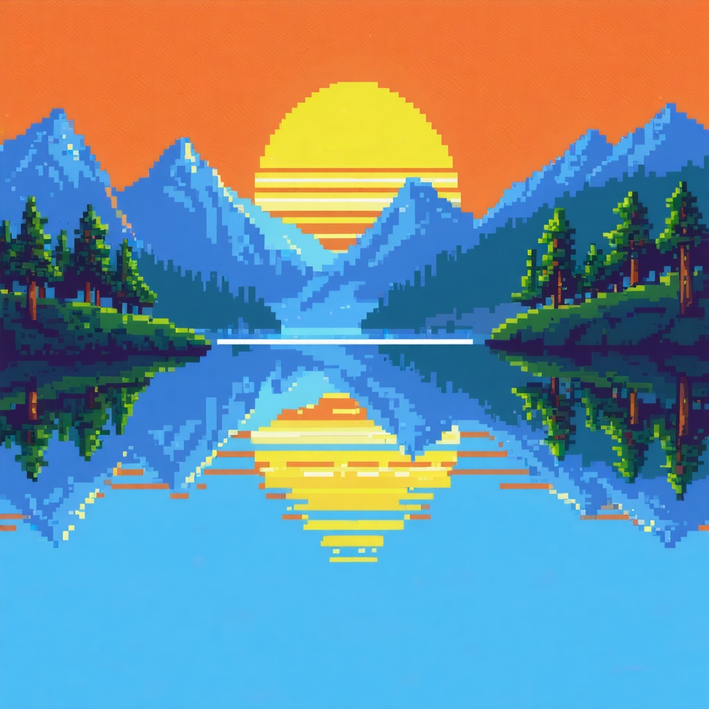 xx_minds's tweet image. A pixel art sunset over a tranquil lake, with reflections of trees and mountains, in a retro game aesthetic with a limited color palette. #ai #aiart #generativeart