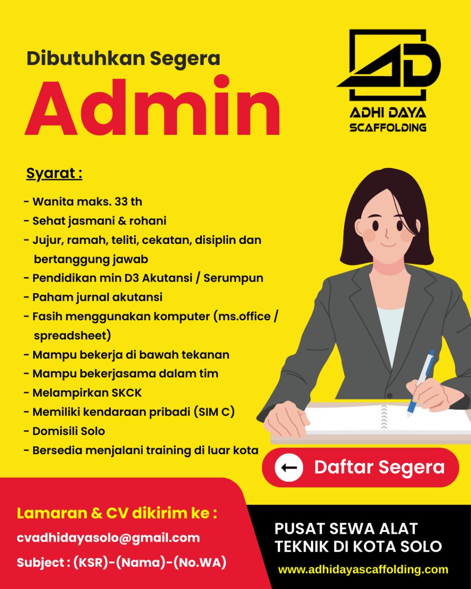 lokersoloraya's tweet image. Dibutuhkan segera *ADMIN* yang serius dan niat bekerja untuk CV. Adhidaya Scaffolding

Kirim CV dikirim melalui email : cvadhidayasolo@gmail.com dengan subject : (KSR)-(Nama)-(No.Wa)

#LokerAdmin #LokerWanita #InfoLoker #LokerTerbaru2025 #LokerSolo