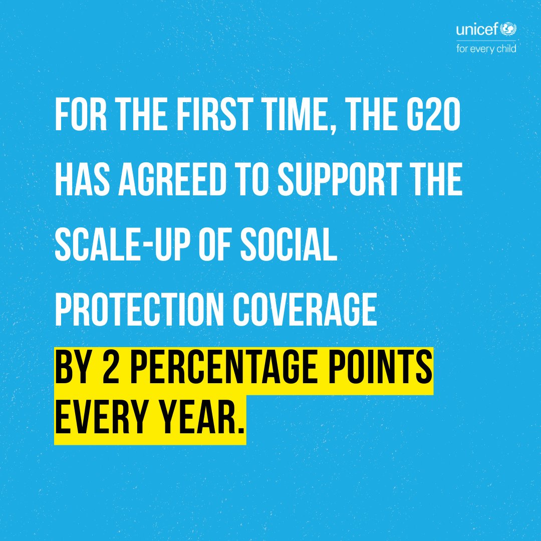 UNICEFAfrica's tweet image. A monumental breakthrough: The #G20 has agreed to a Ministerial Call to Action on social protection.

What does this mean? It’s a concrete target on supporting countries to increase the proportion of households that are covered every year. 
unicef.org/esa/reports/g2…
