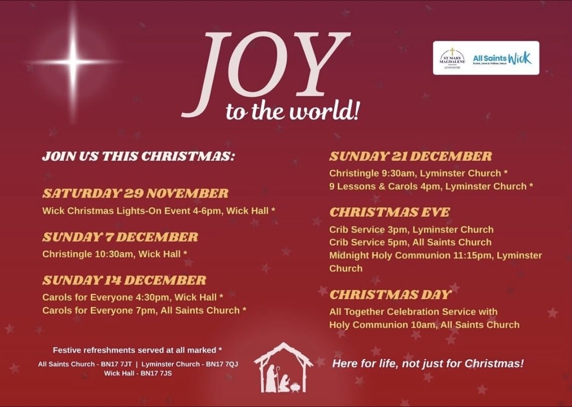 Come and join us at #AllSaintsChurch or Wick Hall during #December #EveryoneIsWelcome #JoyToTheWorld and to the Wick community.