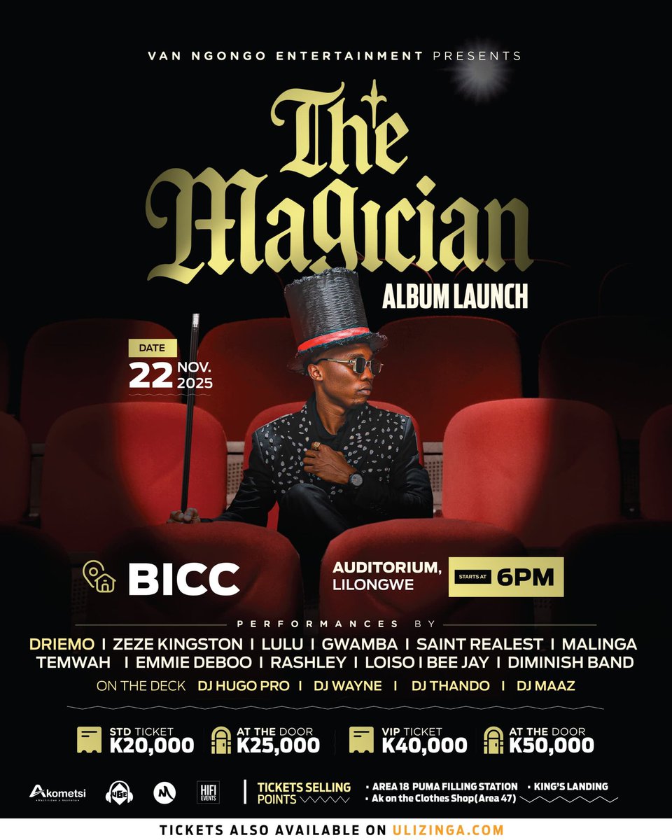 Hyperloll4's tweet photo. Driemo’s New Album, ‘THE MAGICIAN’ will officially be launched at BICC Today supported by
>Zeze Kingston
>Lulu
>Gwamba
>Rashley
>Saint
>Loiso
>Emmie Deebo
>Malinga
>Beejay
>Diminish Band
>Temwa
Get your tickets now
#Driemo
#TheMagicianAlbum https://t.co/1NlIS30lL3