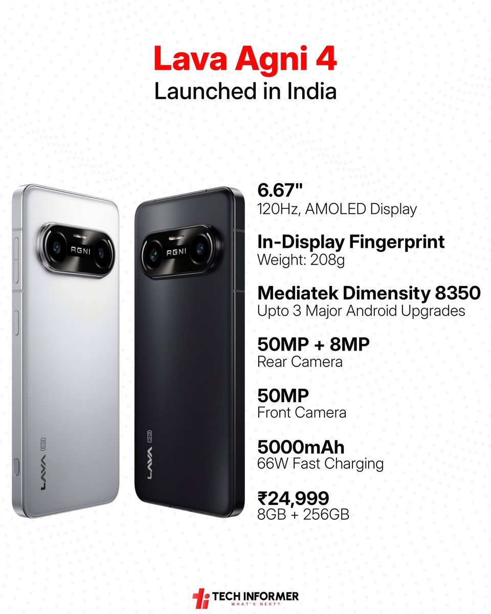 Tech_Informer_'s tweet image. Lava Agni 4 has been launched in India, arriving as the successor to the Lava Agni 3 introduced in October 2024.

#Techinformer #Lava #LavaAgni4