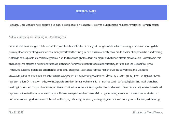 aitrendings's tweet image. FedSaaS: Class-Consistency Federated Semantic Segmentation via Global Prototype Supervision and Local Adversarial Har...

👥 Xiaoyang Yu, Xiaoming Wu, Xin Wang et al.

#FederatedLearning #SemanticSegmentation #AIResearch #DeepLearning #ComputerVision

🔗 trendtoknow.ai