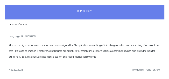 aitrendings's tweet image. milvus-io/milvus

💻 Go

#Milvus #VectorDatabase #AIApplications #OpenSource #GoLang

🔗 trendtoknow.ai