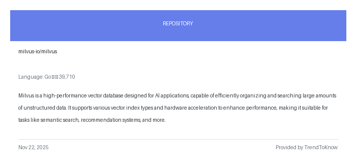 aitrendings's tweet image. milvus-io/milvus

💻 Go

#Milvus #VectorDatabase #AIApplications #OpenSource #GoLang

🔗 trendtoknow.ai