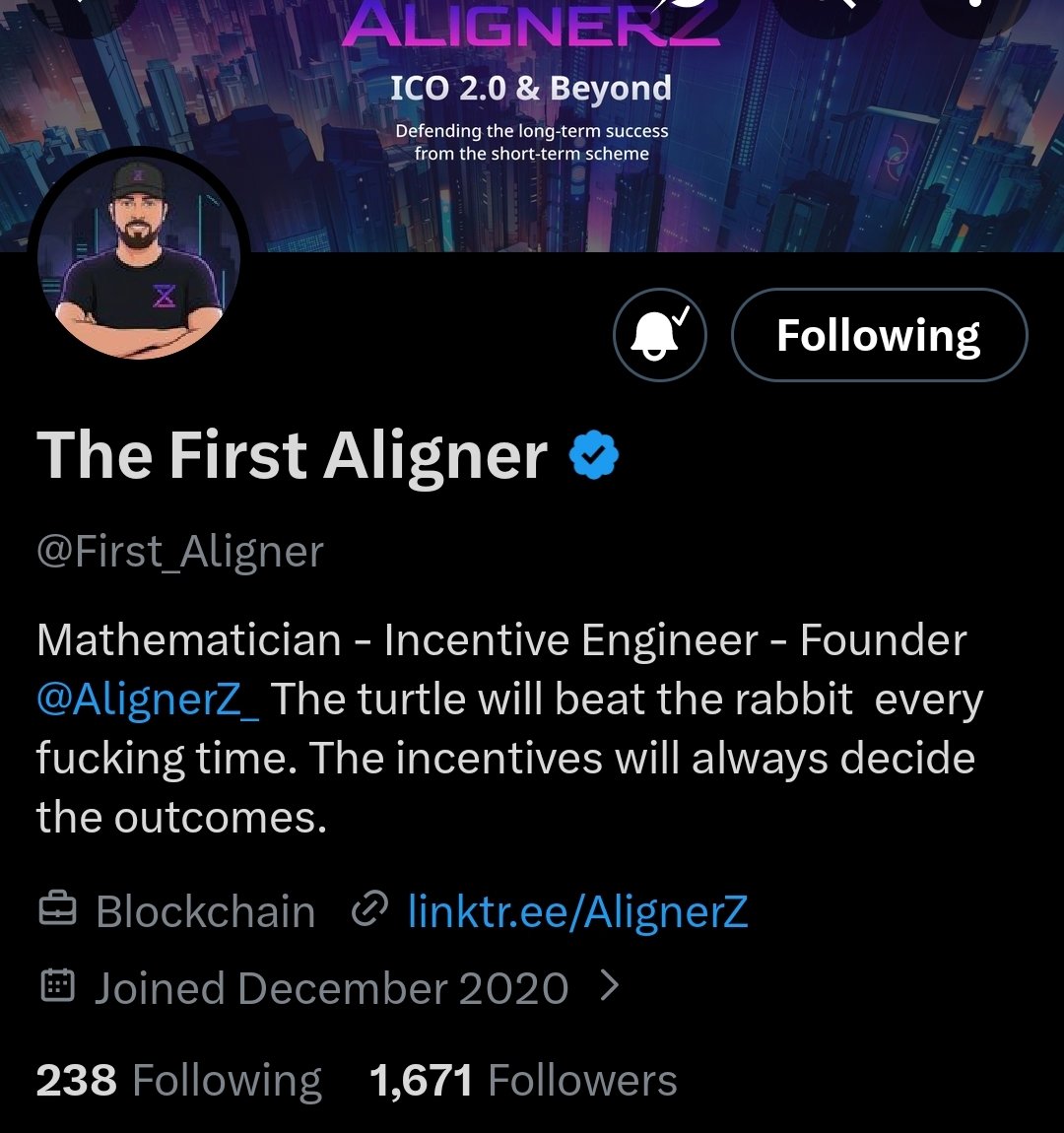 ParizWeb3's tweet image. Mrning Guys,

Meet @First_Aligner 
The Mind Behind @Alignerz_

He is not just a founder,  he is a mathematician + incentive engineer shaping AlignerZ from first principles, not hype cycles.

His philosophy says everything:
“The turtle will beat the rabbit every fucking time.…