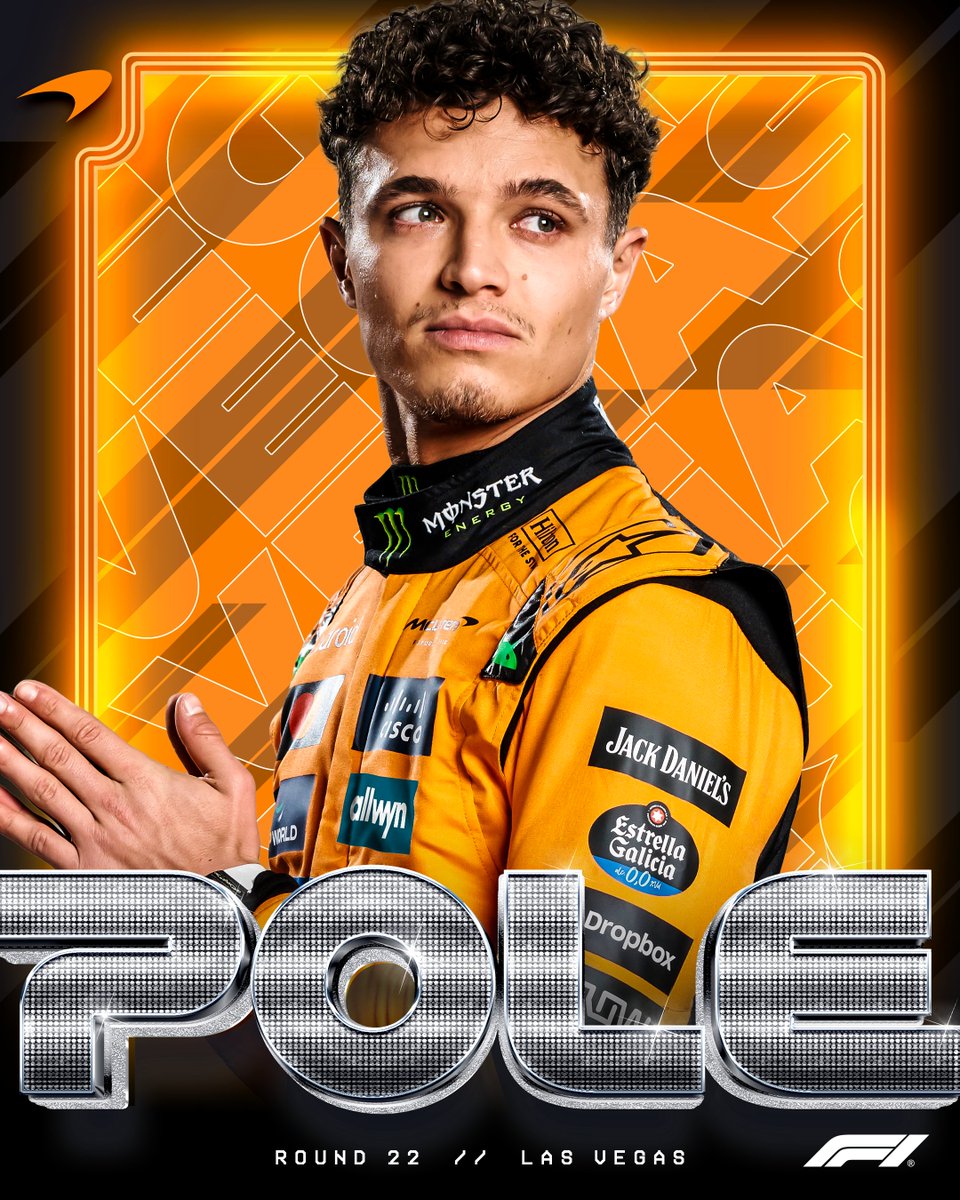 F1's tweet image. LANDO ON POLE POSITION IN VEGAS! 👏👏

It&apos;s a mega lap from the championship leader in hugely tricky conditions 🤯

#F1 #LasVegasGP