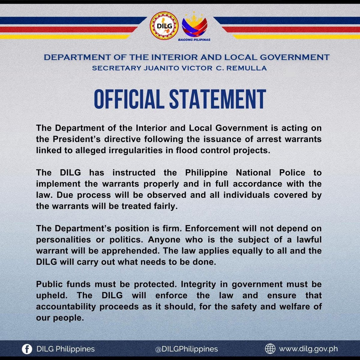PIADesk's tweet image. READ: @DILGPhilippines backs President Ferdinand R. Marcos Jr.&apos;s directive to enforce arrest warrants against those linked to anomalous flood control projects, assuring actions will be fair and strictly within the law.

#ISM #IntegratedStateMedia