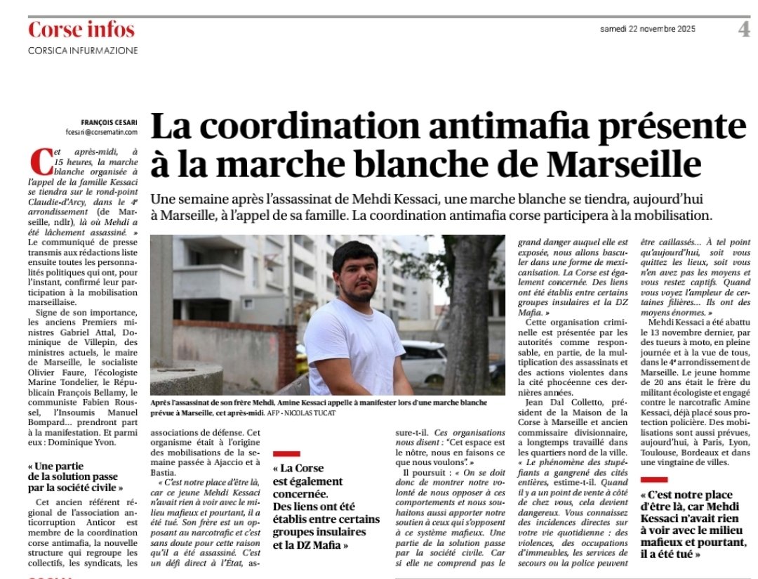 Dominique Yvon mandaté pour la Coordination Antimafia.
C'est notre place, la coordination antimafia corse participera à la marche blanche de Marseille en hommage à Mehdi Kessaci
<a href="/kessaciamine1/">Amine Kessaci</a> #marcheblanche #kessaci #coordinationantimafia #corse #citoyens #justice <a href="/Corse_Matin/">Corse-Matin</a>