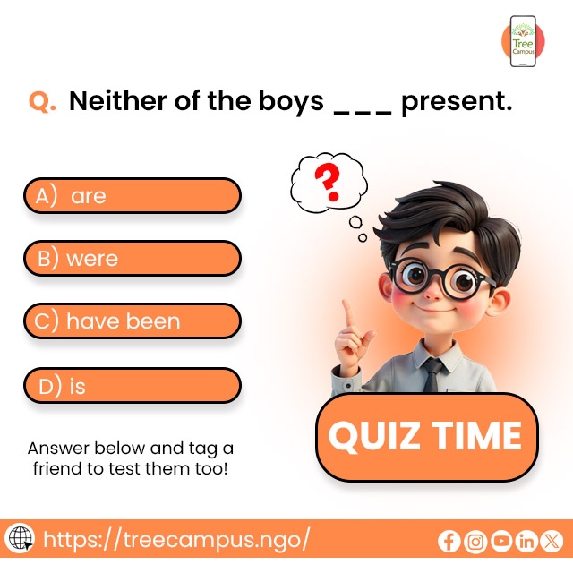 Treecampus1's tweet image. ❓ QUIZ TIME: Choose the Correct Grammar &amp;amp; Prove Your English Skills!🧠✨

📲 Follow @Treecampus for more daily English challenges

📲 Start learning English for FREE!

👉 linktr.ee/Treecampus_Aca…
👉 App Link: play.google.com/store/apps/det…

#Treecampus #QuizTime #EnglishQuiz