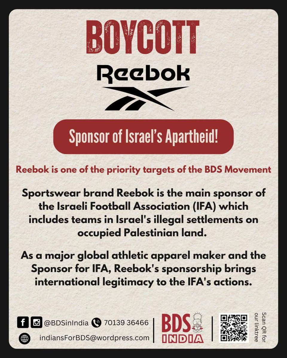 BOYCOTT REEBOK!
Sponsor of Israel’s Apartheid!

Sportswear brand Reebok is the main sponsor of the Israeli Football Association (IFA) which includes teams in Israel's illegal settlements on occupied Palestinian land.
 #endisraeliapartheid #BoycottReebok
#IndiansWithPalestine