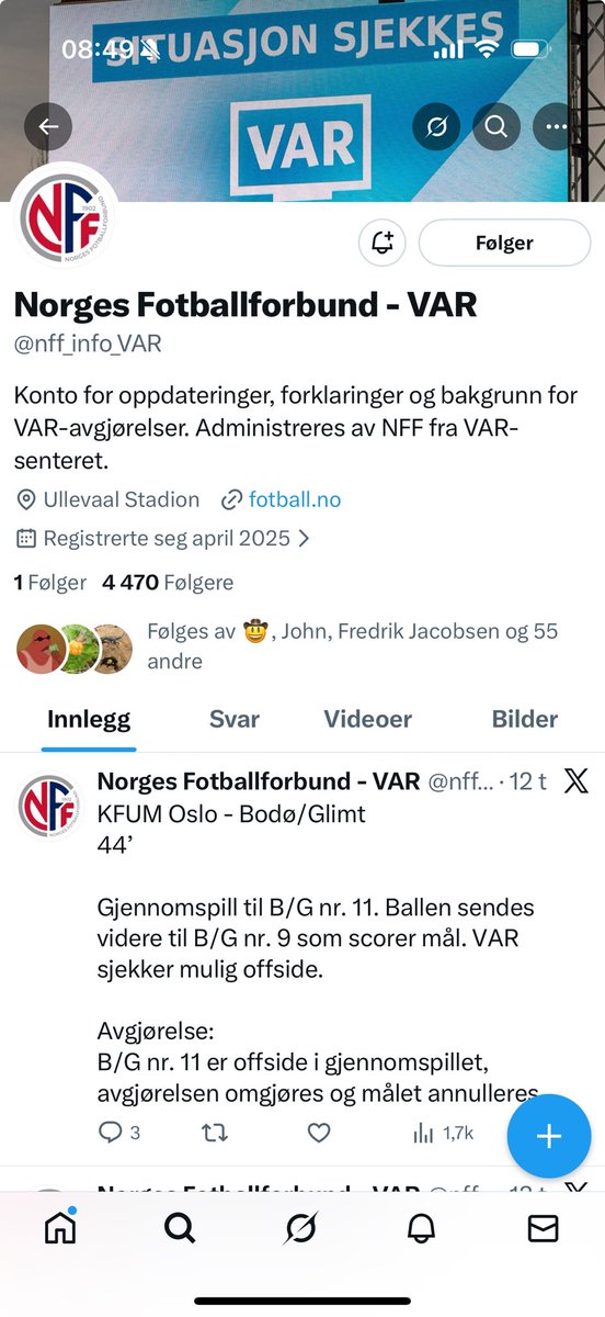 I går spilte man faktisk deler av kampen uten VAR. Ingenting meldt om det fra denne kontoen. Selv ikke en parodikonto hadde dratt den så langt. Nivået på inkompetansen hos Ragnhild Connell og ⁦<a href="/nff_info/">NorgesFotballforbund</a>⁩ er faktisk helt hinsides