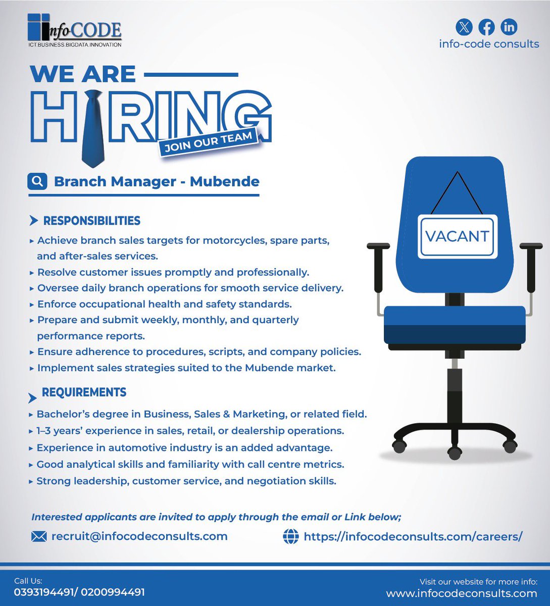 ConsultsCode's tweet image. 🚨 We’re Hiring: Branch Manager – Motorcycle Dealership (Mubende)

Seeking a strong leader to manage branch operations, drive sales, and ensure excellent customer service.

📍 Mubende
📩 Apply: recruit@infocodeconsults.com
📞 0393194491 / 0200994491

#JobsUganda #Hiring #manager
