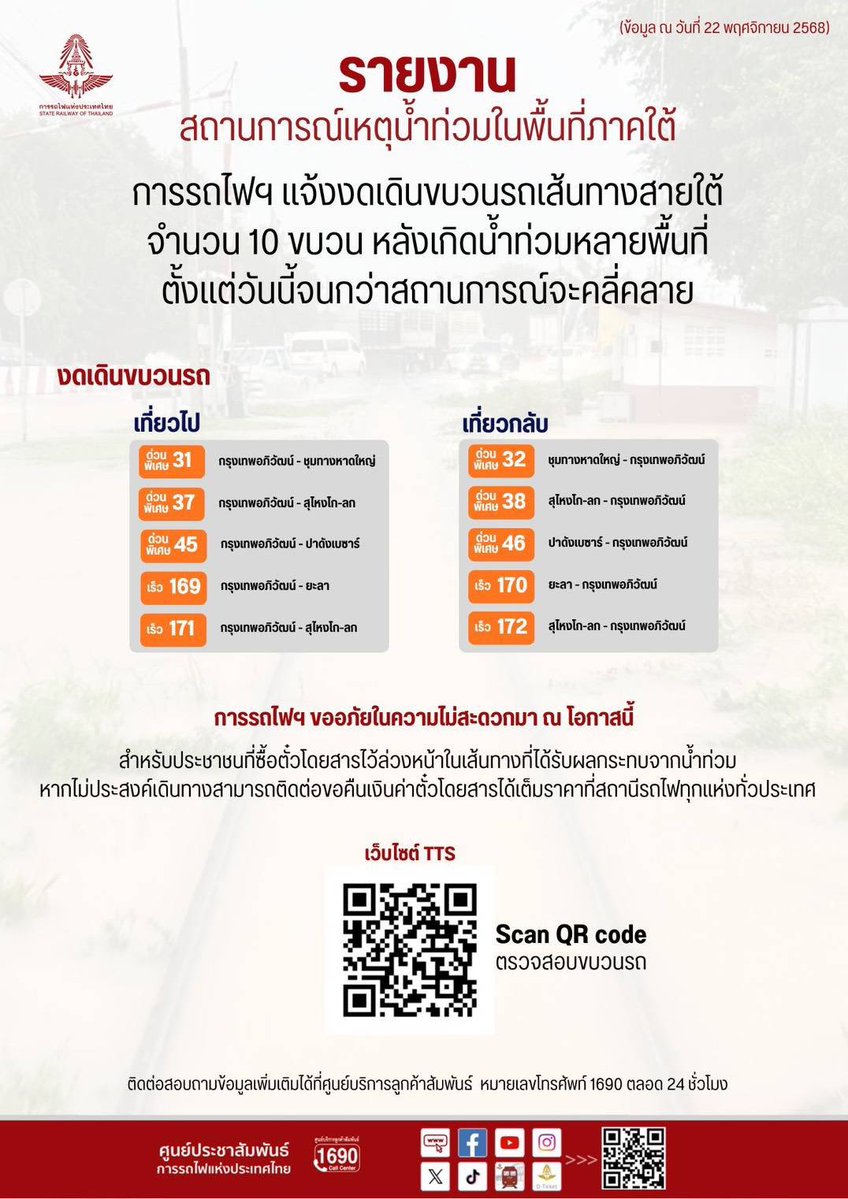 ThaiTrainGuide's tweet image. 🚨 Travel Advisory: Southern Thailand Train Disruptions Due to Flooding

Date Issued: 22 November 2025
Source: State Railway of Thailand (SRT)

Due to severe flash flooding in several southern provinces—particularly around Hat Yai District in Songkhla—the State Railway of…