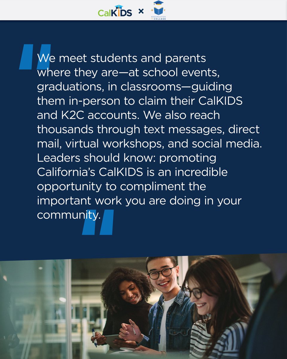 CalkidsProgram's tweet image. We’re highlighting K2C for showing SF families that higher ed is within reach and encouraging college savings mindsets early. Through their partnership with us, they guide families in claiming CalKIDS Scholarships—turning higher ed hope into real opportunities for the future.