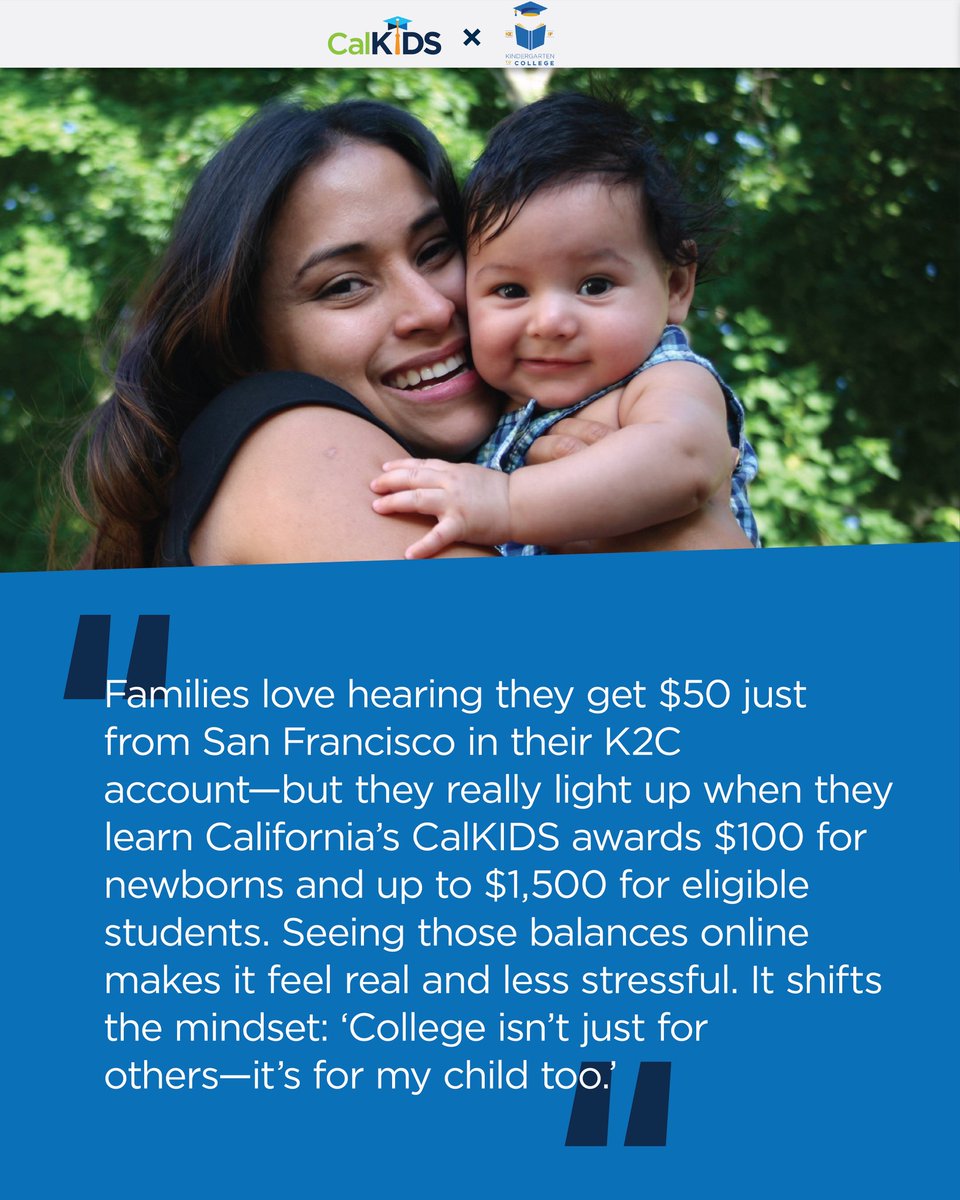 CalkidsProgram's tweet image. We’re highlighting K2C for showing SF families that higher ed is within reach and encouraging college savings mindsets early. Through their partnership with us, they guide families in claiming CalKIDS Scholarships—turning higher ed hope into real opportunities for the future.