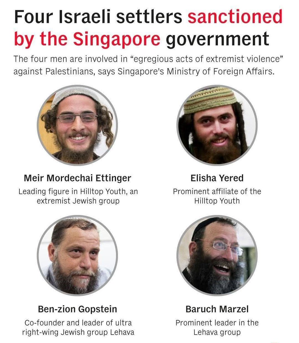 timand2037's tweet image. Even Singapore cannot stomach these genocidal creatures. Four Israeli settlers banned have been involved in &quot;egregious acts of extremist violence&quot; against Palestinians in the West Bank, said Singapore&apos;s Foreign Affairs.
channelnewsasia.com/singapore/fina…