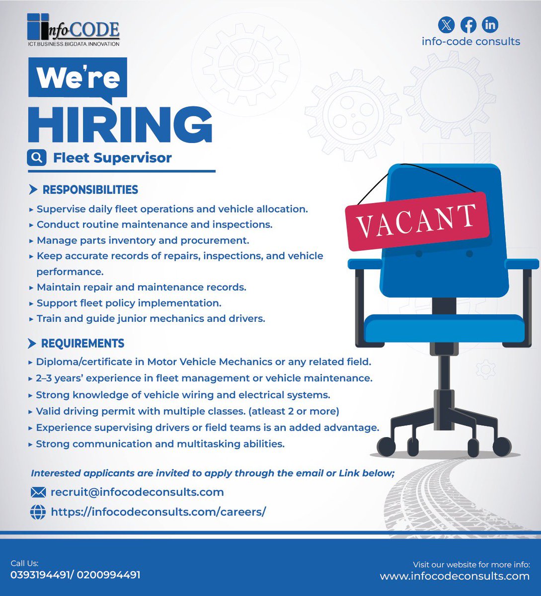 ConsultsCode's tweet image. 🚨 We’re Hiring: Fleet Supervisor – Kampala

Looking for an experienced professional to oversee fleet operations, safety, and maintenance. Apply today!

📩 Email: recruit@infocodeconsults.com

#JobsUganda #Hiring #FleetSupervisor #KampalaJobs