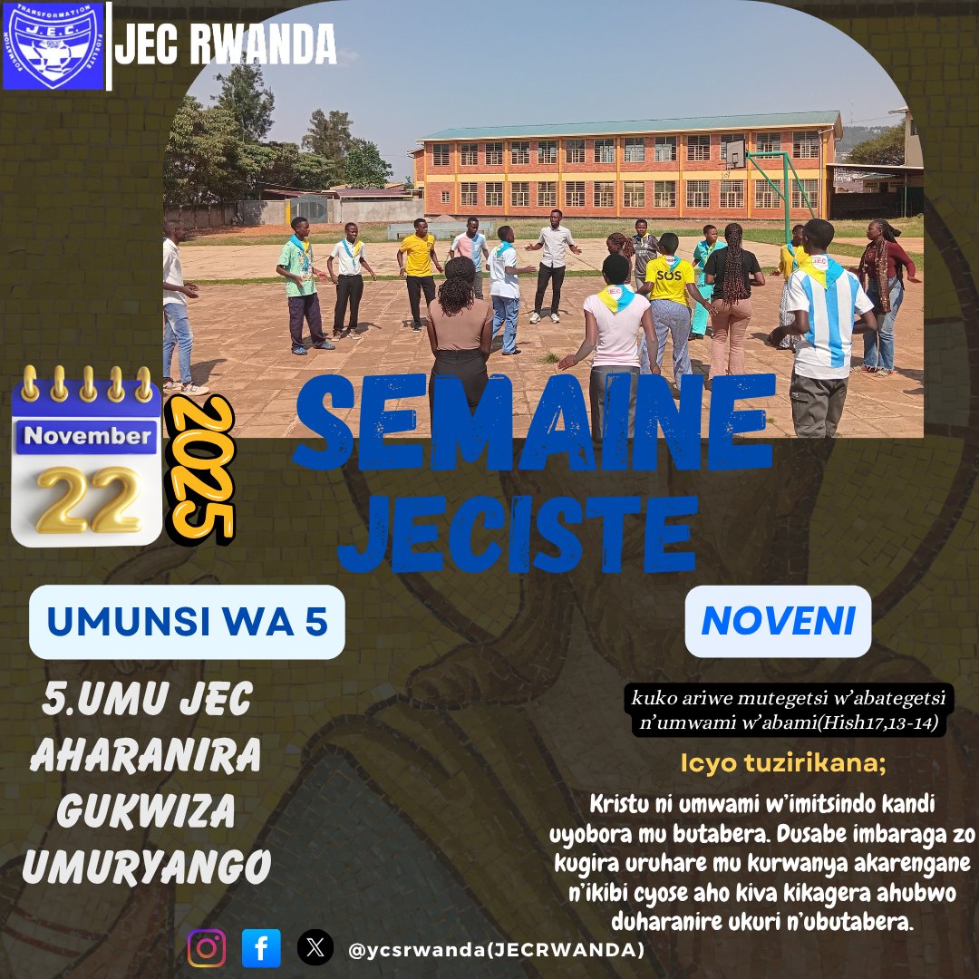5.UMU JEC AHARANIRA GUKWIZA UMURYANGO

"Kuko ari we mutegetsi w'abategetsi, n'umwami w'abami"(Hish17,13-14)

#ycsweek #ycsafrica #ycsrwanda #ycs #ycsinternational #ycslife