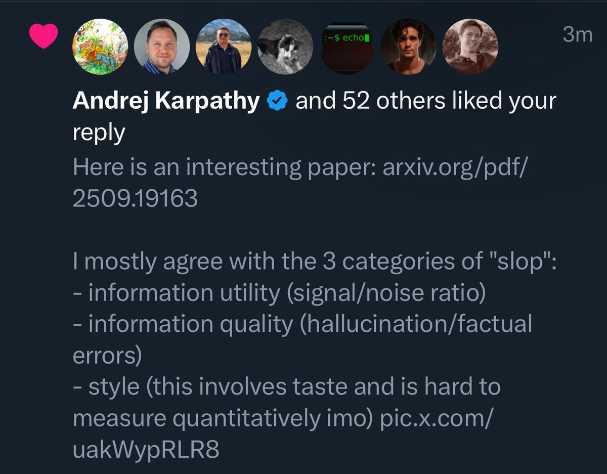 Caramba, o Karpathy curtiu e respondeu à minha postagem sobre "comida desleixada". Posso dormir tranquilo esta noite.