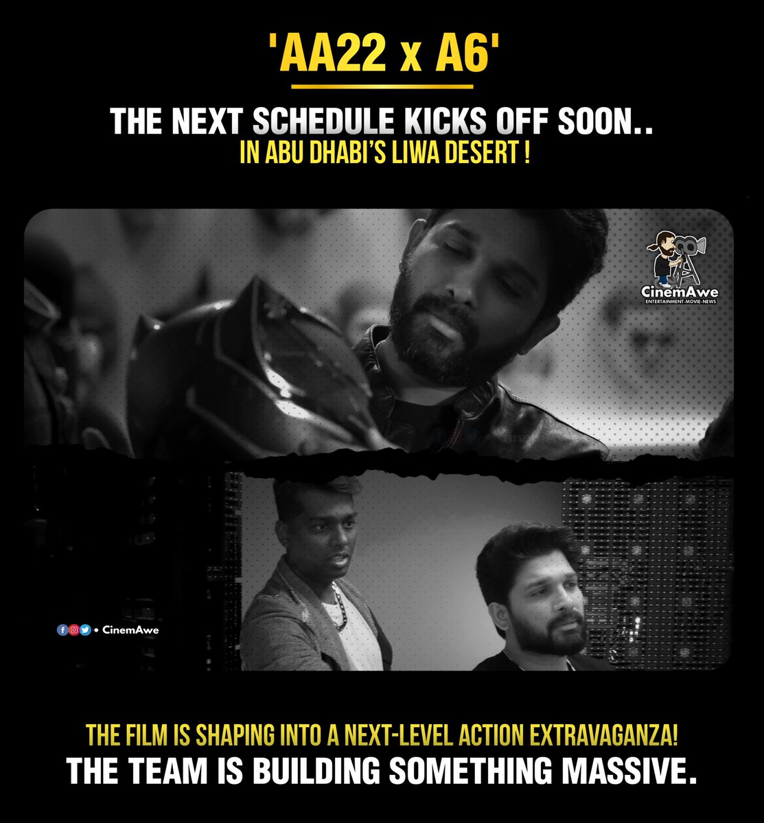 CinemAwe_'s tweet image. #AA22xA6 Major action work will be finished between December and January, ensuring top-quality visuals! 💥🔥

#AA22 #AlluArjun #Atlee #DeepikaPadukone #RashmikaMandanna #MrunalThakur #JanhviKapoor