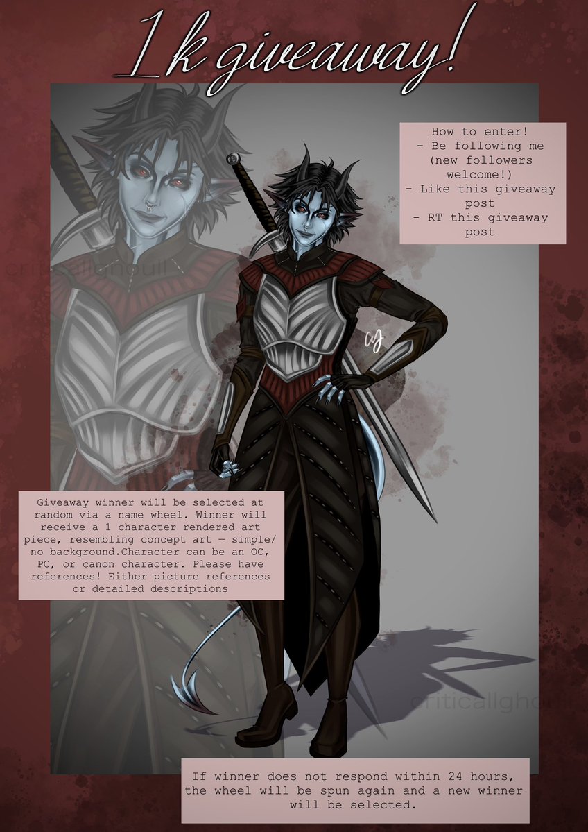 criticallghoull's tweet image. HEY GUYS i reached 1k here and i thought i’d show my appreciation by doing an art giveaway!

rules are simple, just make sure you’re following me (new ppl welcome), like this post, &amp;amp; rt this post!

giveaway will end &amp;amp; winner will be chosen on 12/12! if you have any questions lmk