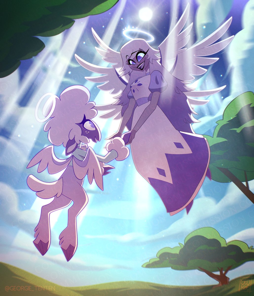 I finished this piece for <a href="/TriplelLife/">shadow</a> recently! 
Thank you for being so patient with me <3 

Emily would want to welcome Collin back to heaven personally 😌

#HazbinHotelFanart #HazbinHotelEmily #HelluvaBossCollin #HelluvaBossFanart