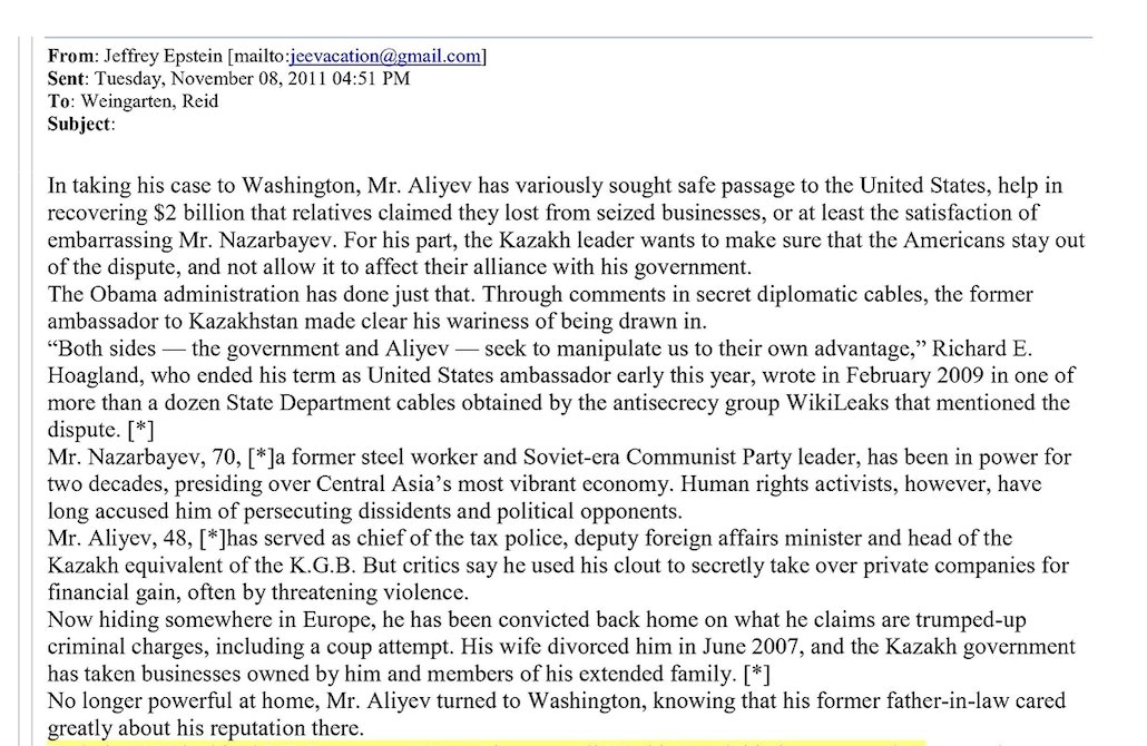 PiperK's tweet image. Jeffrey Epstein had interesting ties to someone in Kazakhstan charged with murder, kidnapping, and torture by Interpol.