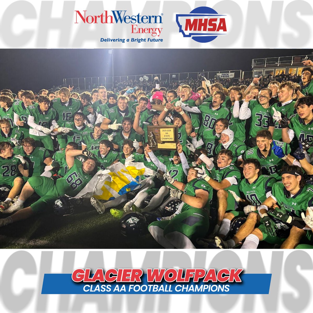 MHSA_MT's tweet image. 🏈 Your 2025 MHSA Class AA Football Champions: Glacier Wolfpack

A phenomenal finish to a memorable season for Glacier. Congratulations to the Wolfpack on bringing home the Class AA title.

#MHSA #MHSAFootball #ClassAA #StateChampions #GlacierWolfpack #MontanaFootball