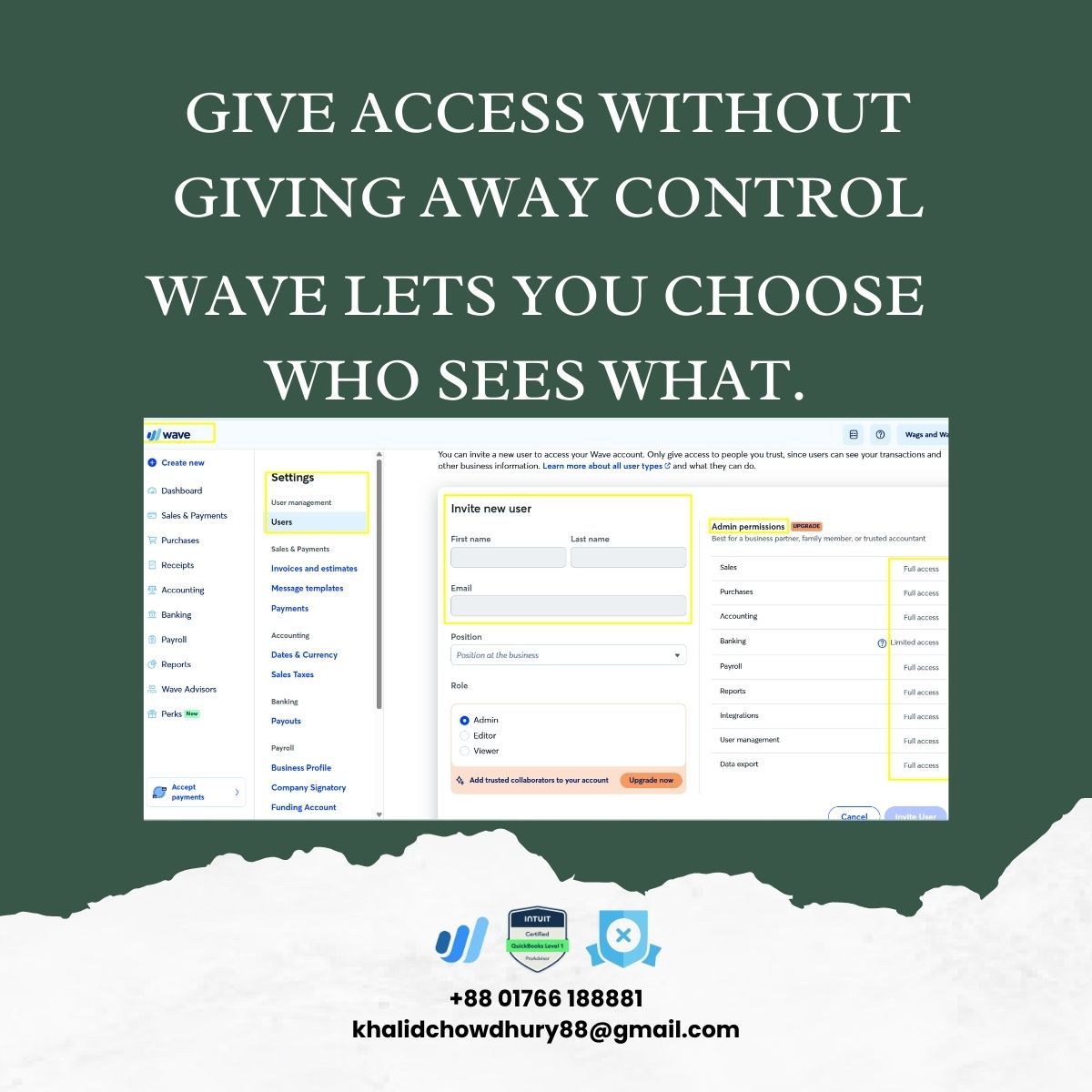 KhalidChowdhu20's tweet image. 📝 Sharing your Wave account with your accountant (or team) doesn’t mean giving full access. 
 
1️⃣ Go to Settings → Users
2️⃣ Choose the right role:
• Viewer 
• Editor
• Viewer
3️⃣ Invite your accountant

#bookkeeping #bookkeeper #quickbooksonline #xero #wave #fiverr #upwork