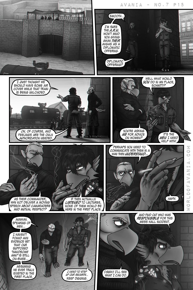 Issue No.7 of my #webcomic Avania, starts its second chapter with a discussion which quickly turns tense! Can Captain Schmutzesser turn things around with some quick decision making? Stay tuned!

Avania No.7, pages 12-15 worldofavania.com
