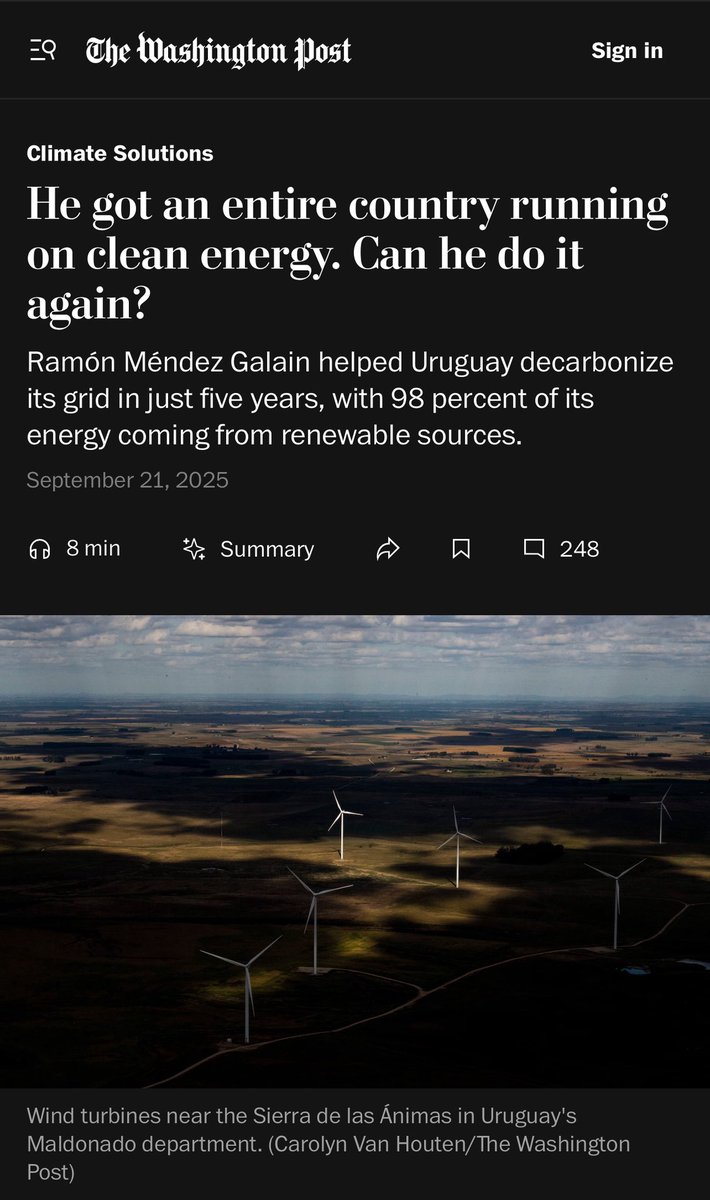 BrentHodgson's tweet image. In 2024, Uruguay generated 99% of its electricity from renewables: hydropower (42%), wind (28%), biomass (26%)

It went from regular power cuts and blackouts in 2019 to reliable energy a few years later, at a price that’s lower and more stable than Australia’s.