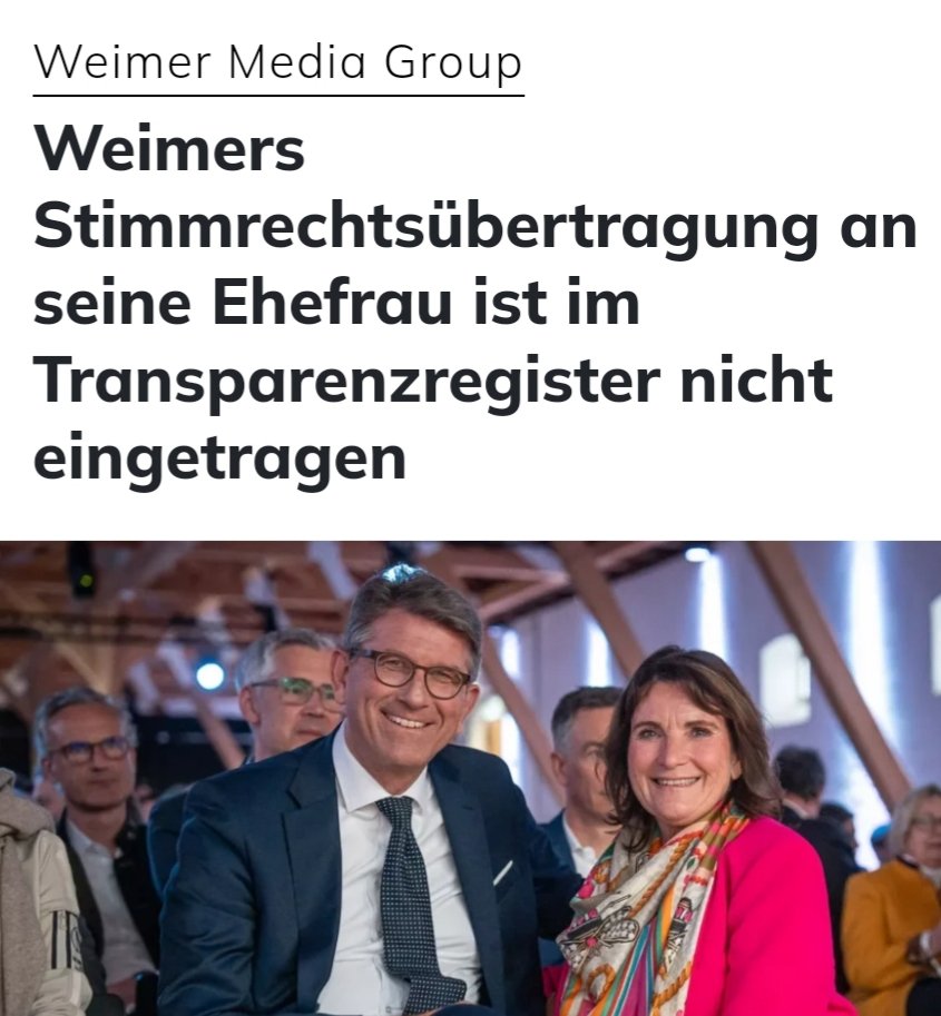 Die "neue Politik"

An seine Frau will der #CDU-Kulturstaatsminister #Weimer seine Stimmanteile an seiner Firma abgegeben haben...
Nur steht davon nichts im Transparenzregister.

Diese Regierung ist verlogen, durch und durch.
/PM