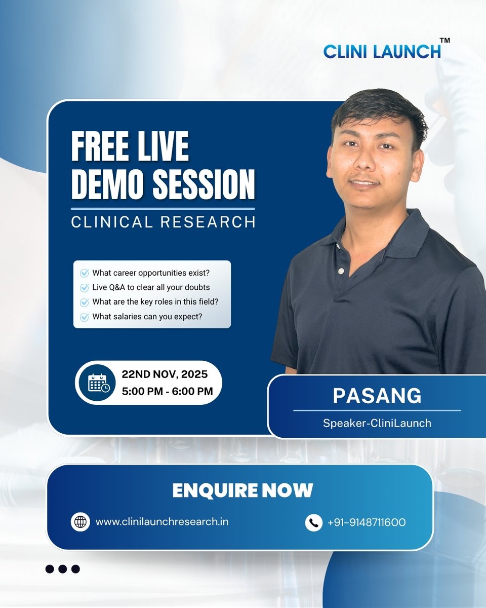 clinilaunch's tweet image. Kickstart your career in Clinical Research!
Join our FREE LIVE DEMO SESSION with Pasang to explore career opportunities, roles, salaries, and more! 🔥
📅 Date: 22nd Nov 2025
🕔 Time: 5:00 PM - 6:00 PM

💥 Reserve your spot now!
#ClinicalResearch #CareerOpportunities #FreeDemo