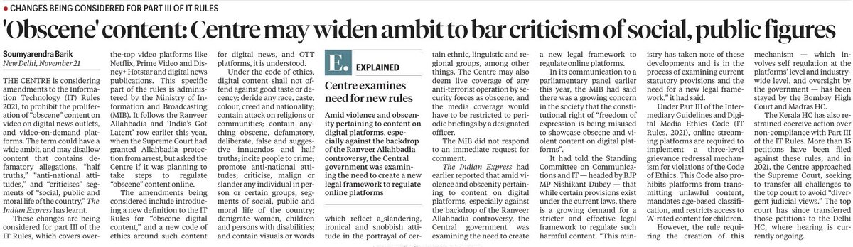 Rajmalhotrachd's tweet image. 5️⃣ 📲 “Obscene” Content &amp;amp; IT Rules – Free Speech vs Digital Governance

#ITRules2021 #GS2_Polity #GS3_Cyber #GS4_Ethics

5.1 Proposed change 🧾 #Prelims

Govt considering amendments to Information Technology Rules 2021 (Part III) for digital news, OTT &amp;amp; on-demand video platforms.…