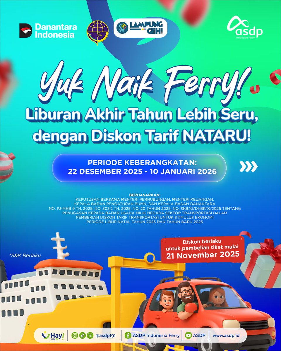 lampunggehh's tweet image. Diskon tiket Ferry spesial Nataru nih, Sekelik!

Akhir tahun ini waktunya gas naik Ferry! Ada promo diskon Nataru untuk rute Merak–Bakauheni PP, bikin traveling makin hemat tapi tetap seru 🚢

Gimana, mau liburan ke mana nih, Sekelik? 

repost dari @asdp191

#LampungGeh #ASDP…
