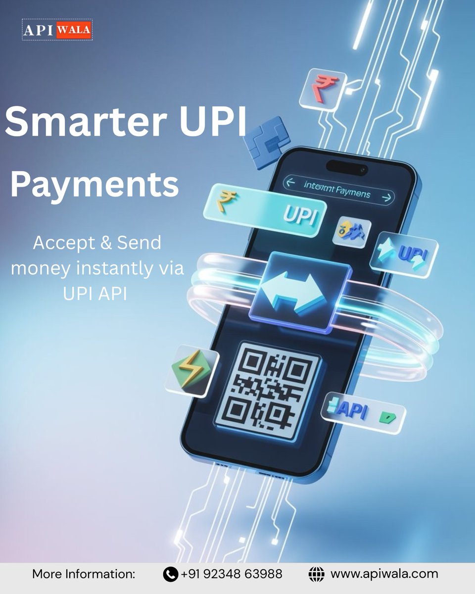 apiwala's tweet photo. Smarter UPI Payments with APIWala 🚀
Accept &amp; send money instantly using our powerful UPI API.
Fast setup, high security &amp; real-time transactions for your business!
📞 +91 92348 63988
🌐 https://t.co/BBXFwXAnXR
#APIWala #UPIAPI #SmartPayments #DigitalPay #FintechIndia https://t.co/8sv5S885Br