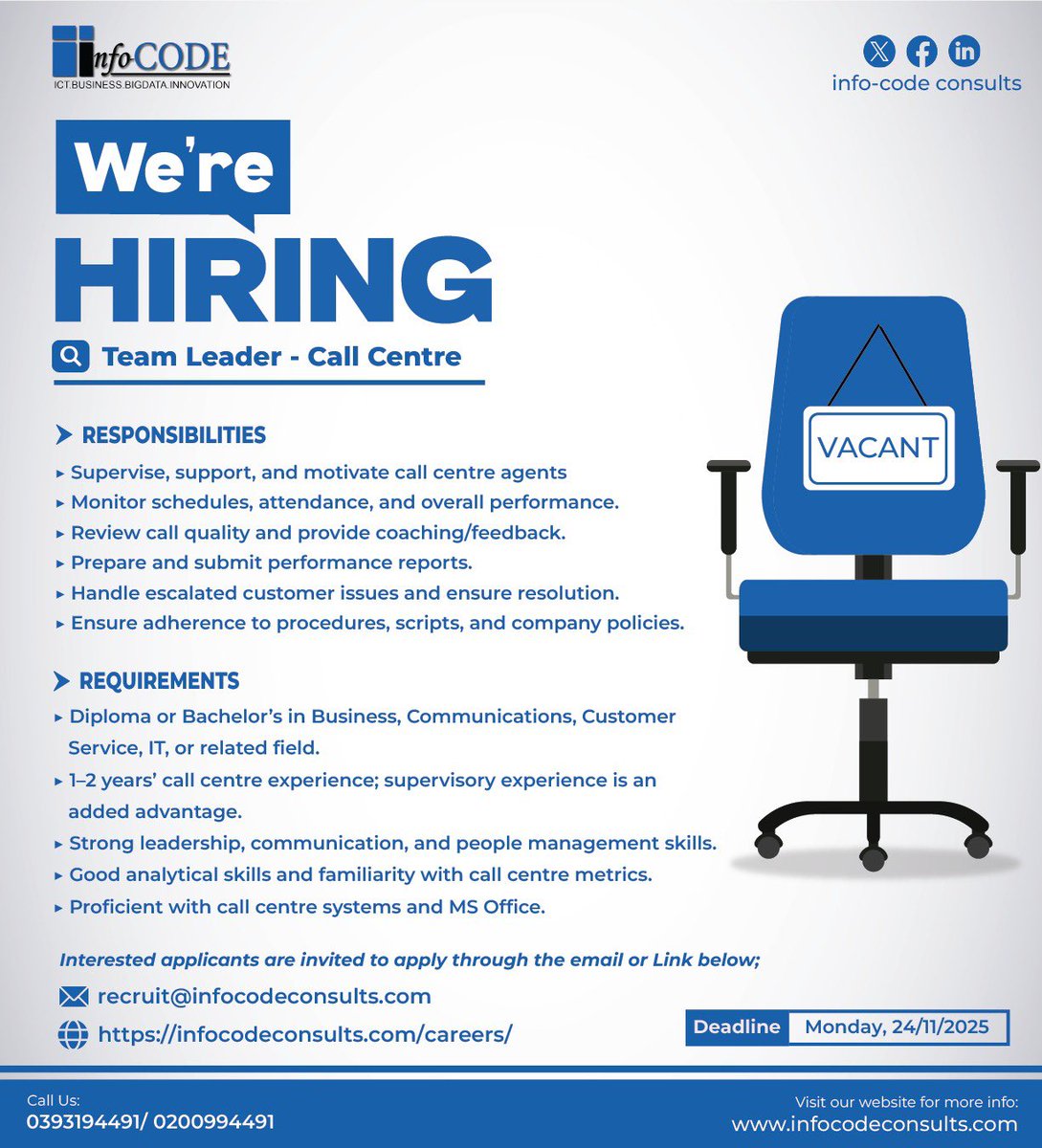 ConsultsCode's tweet image. 🚨 We’re Hiring: Team Leader – Call Centre (Kampala)

Seeking an experienced leader to guide a team of call centre agents and support excellent customer service.

📩 Apply: recruit@infocodeconsults.com
🗓️ Deadline: 24 Nov 2025

#JobsUganda #Hiring #CallCentre #TeamLeader #Kampala