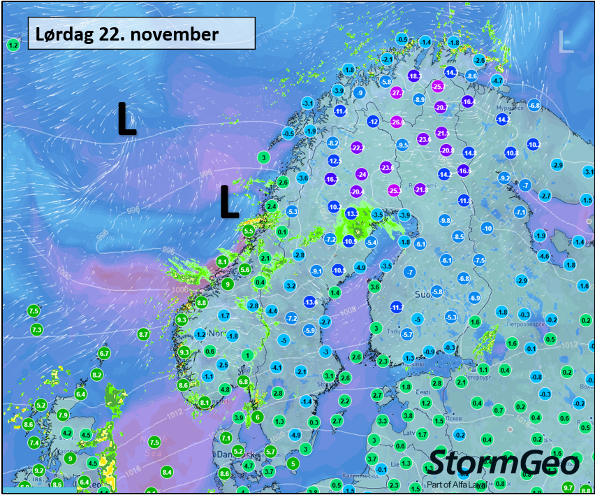 StormGeoWeather's tweet photo. Lørdag morgen milde sørvestlige vinder over Sør-Norge og mye av Nordland, med spredt regn og regnbyger, snø i fjellet. Nord på Østlandet fare for regn som fryser på kald bakke.
Nord for lavtrykket er det kaldere luft med noen snøbyger i ytre strøk. #stormgeoweather https://t.co/eJDnMS0jUI
