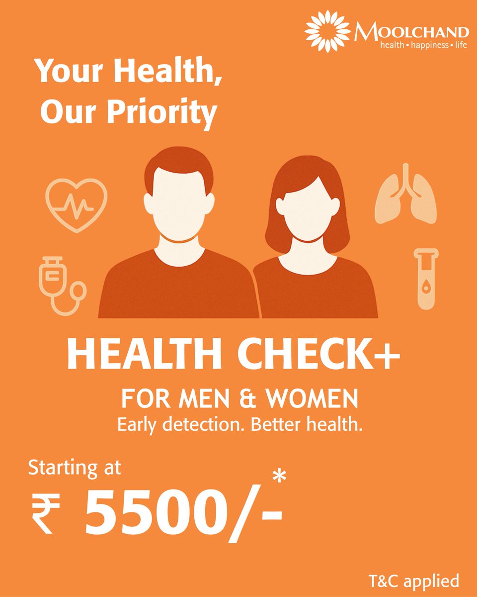 Moolchand  presents Preventive HealthCheck+ — a complete, WHO-compliant health  screening for men and women across all age groups. With 60+ essential  tests, heart screening, X-Ray/Ultrasound*, and specialist consultations,  it’s everything you need to stay ahead of illness.